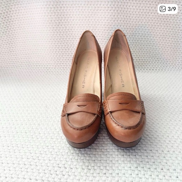 Marc Fisher Keeps Brown Tan Leather Platform Penny Loafer Stacked Heel Pump 6.5 - Picture 3 of 9